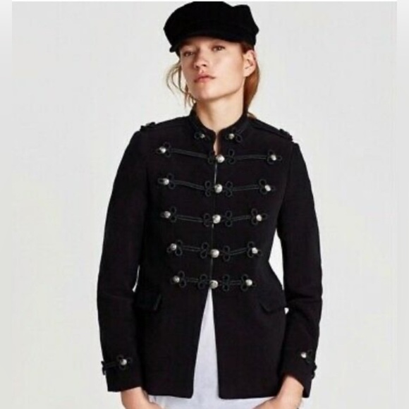 Zara Woman Velvet Military Jacket Size S Black Moleskin Toggles Goth Grunge A723 - Picture 1 of 8
